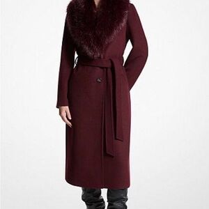 Michael Kors Elegant Wool Burgundy Coat with Fox Fur Collar